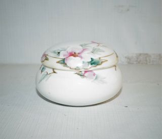 Antique Hand Painted Nippon Porcelain Pink Flower Covered Powder Jar Jewelry Box