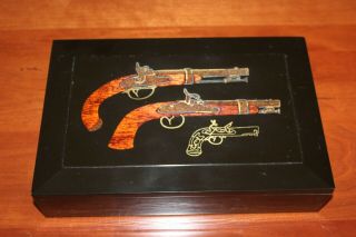Vintage Courac 3 Pistols Inlaid Wood Metal Jewelry Trinket Keepsake Box Rare Mcm