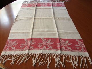 Antique Early 1900s Turkey Red White Linen Floral Damask Long Fringe Bath Towel