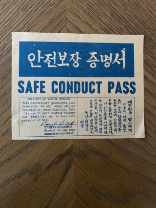 Rare Korean War Safe Conduct Pass Vintage Leaflet