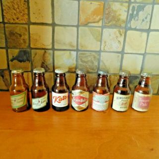 Vintage Set Of 7 Different Rare & Empty Miniature Beer Bottles / Labels Intact