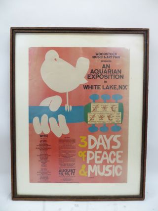 1969 Woodstock Music & Art Fair Poster W/ Rare Pre Tickets
