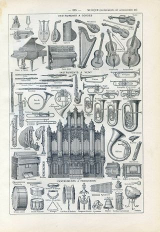 Musical Instruments Antique Lithograph Print.  Larousse C1920