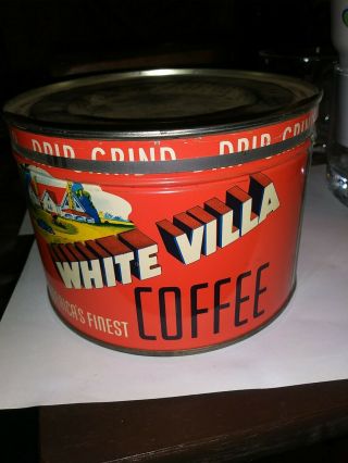 Vintage White Villa 1 Lb Pound Coffee Tin Can Litho Cincinnati Dayton Ohio Rare