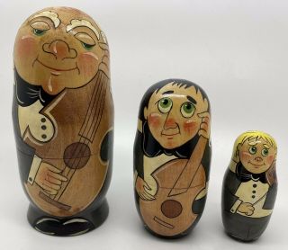 Vintage Matroyshka Wooden Nesting Dolls Male Musicians Trio Signed Ltd Ed