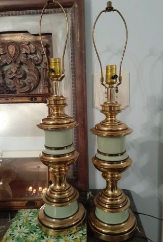 2 Heavy Green And Brass Vintage Stiffel? Lamps Rare Mid Century Modern