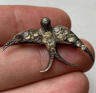 Antique Silver 900 Swallow Bird Paste Rhinestone Victorian Brooch Pin Pendant