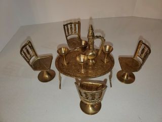 10 Piece Vintage Brass Doll House Dining Table Chairs Teapot Cups