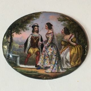 Antique And Rare Unbranded Hand Painted Oval Enamel Plaque For Pin Or Brooch.