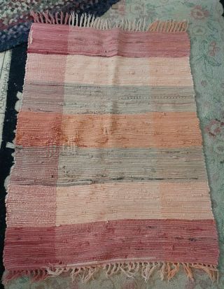 Vintage Colorful Woven Braided Rag Rug Folk Art Fabric Farmhouse W Fringe