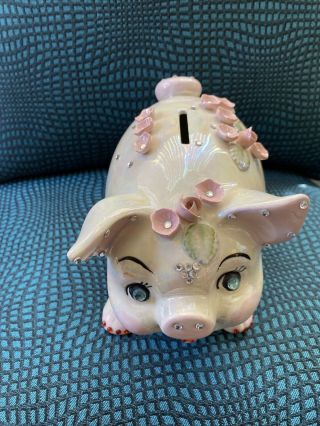 Vintage 1950s Hand Painted Rhinestone Piggy Bank Rare Porcelain Japan Pig