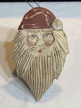 Vintage Folk Art Hand Carved & Painted Wood Santa Claus Christmas Tree Ornament