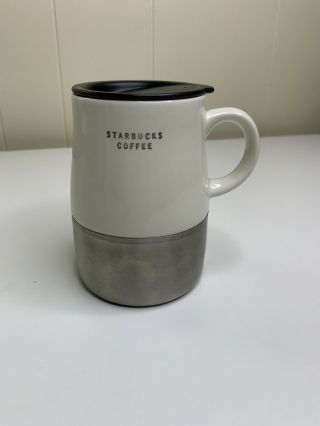 2004 Starbucks Mug White Ceramic & Silver Stainless Bottom W/ Handle & Lid Rare