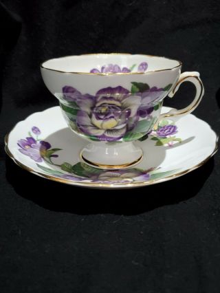 Queens Royal Bone China,  Tea Cup And Saucer,  Made In England,  Purple Flowers