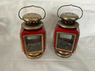 Pair Vintage Tin Litho Lanterns Kerosene Coach Style Porch Hanging Red Train