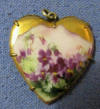 Antique 1910 - 1920s Heart Shaped Hand Painted Violets Porcelain Pendant