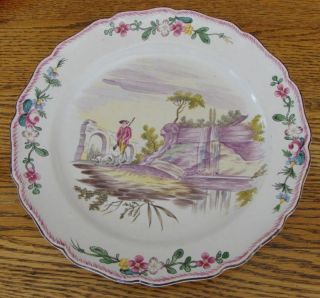 Antique Veuve Perrin French Faience Plate Hunter With Dog And Waterfall