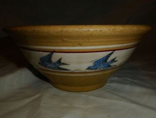 Rare Antique Yellow Ware Blue Bird Dandy Line Stoneware 7 " Bowl