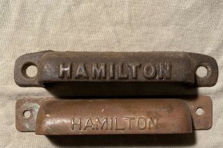 2 Antique Hamilton Typeset Drawer Pulls Cast Iron Copper Cup