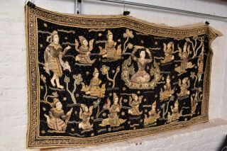 Rare Antique Vintage Burmese Kalaga Tapestry Wall Hanging 59x34 Textile Fabric