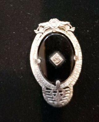 Art Deco Antique Sterling Silver Black Onyx Dress Scarf Clip Sash Pin