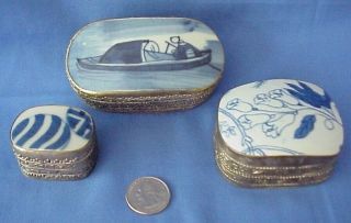3 Antique Chinese Blue & White Porcelain Silver Plate Pill Boxes Orig.  Receipts