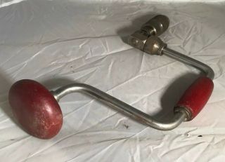 Vintage Antique Hand Crank Brace & Bit Ratchet Drill With Red Wood Handles,  Guc