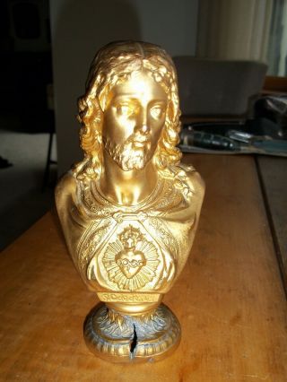 Antique Jesus Sacred Heart Statue Cast Metal - Gilt - 7 " Bust Statue - France
