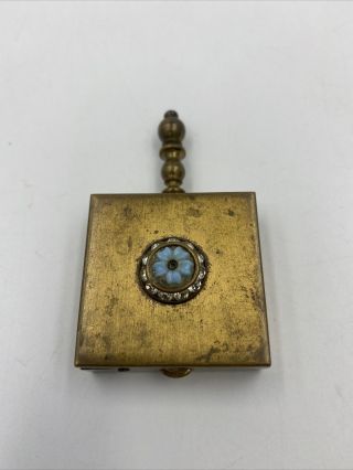 Vintage Small Square Metal Pill Box With Blue Flower Decor Stones W Patina