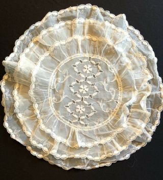 Vintage Antique Organza Ruffled Doily Hand Embroidered 17 " D