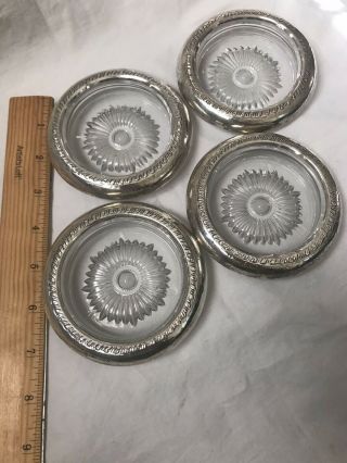 Vintage Teardrop Edge Sterling Silver Set Of 4 Pressed Clear Glass Coasters Usa