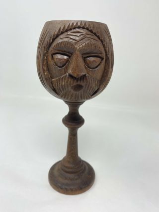 Vintage 6 1/2” Wood Carved Face Chalice Wine Goblet Cup Wooden Monk Design