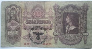 1 X Ww2 Hungary Banknote.  100 Pengo.  " Hohenstaufen ".  Ww2 Occupation.  Ex.  Rare.