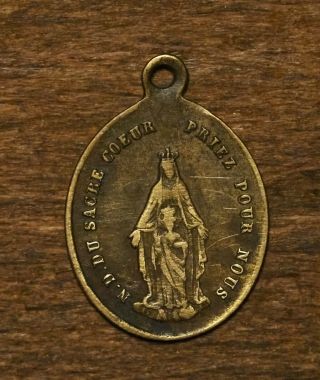 Antique Religious Bronze Medal Pendant Our Lady Of The Sacred Heart