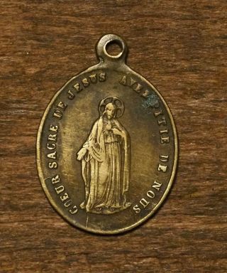Antique religious bronze medal pendant Our lady of the sacred heart 2