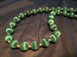 Vintage Satin Dark Emerald Green And Gold Tone Bead Necklace