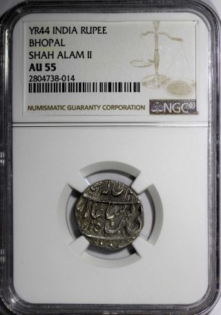 India BHOPAL Shah Alam II Silver YEAR 44 Rupee NGC AU55 Bari RARE Cr - A19 2