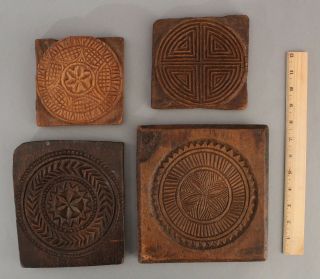 4 Rare Antique 18thc Folk Art Carved Wood Cookie Molds