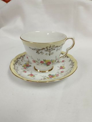 Vintage Queen Anne Bone China Yellow Tea Cup & Saucer With Gold Rim And Floral