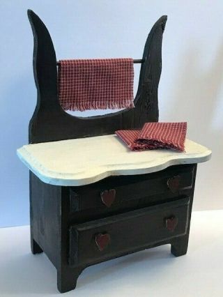 Antique Wash Table W/ Towels Mini Dollhouse Furniture Primitive Farmhouse 1234