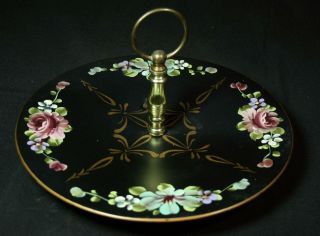 Vintage Nashco Toleware Black Metal Tidbit Tray With Hand - Painted Flowers 1940s