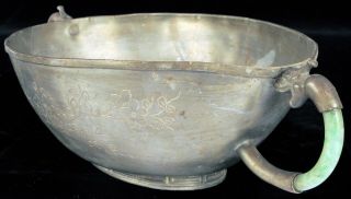 Rare Antique Chinese Export Pewter Bowl Jade Dragon Handles Engraved Flowers