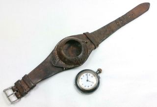 Rare Antique Ww1 Military Leather Pocket Watch Wrist Strap & Gun Metal Watch