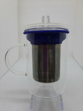 Rare Teavana Glass Clear Mug Tea Cup Blue Trim Diffuser And Clear Top Lid 14oz