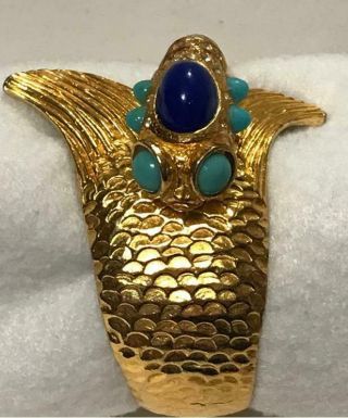 Rare Pauline Rader Sea Serpent Koi Fish Clamper Cuff Bracelet Gold Cabochon 1960