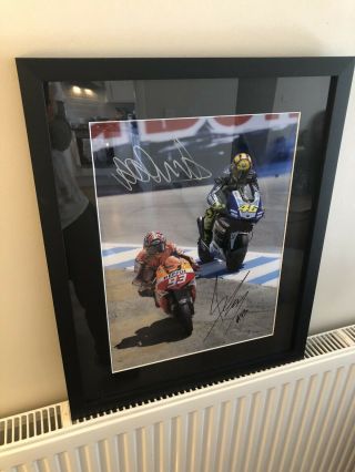 Signed Marc Marquez And Valentino Rossi Large Framed Photo.  Rare