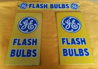 10/15) Rare (3) Vtg Ge General Electric (ge Flash Bulbs) Metal Sign,  Yellow/blue