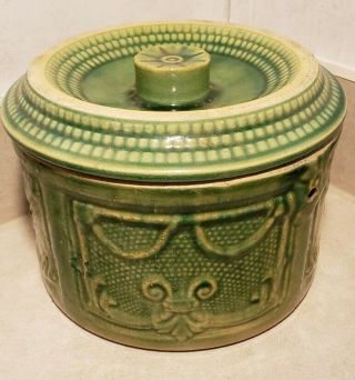Rare Antique Green Mccoy Stoneware Xlarge Butter Crock Bowl W/ Lid Yellow Ware