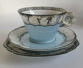 Rare 1935 Art Deco Noritake Trio - Fairies Cup,  Saucer,  Underplate Flower Handle 2