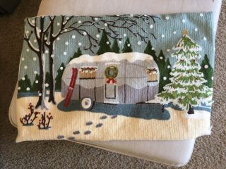 Pottery Barn Airstream Camper Christmas Crewel Embroidered Pillow Cover Rare